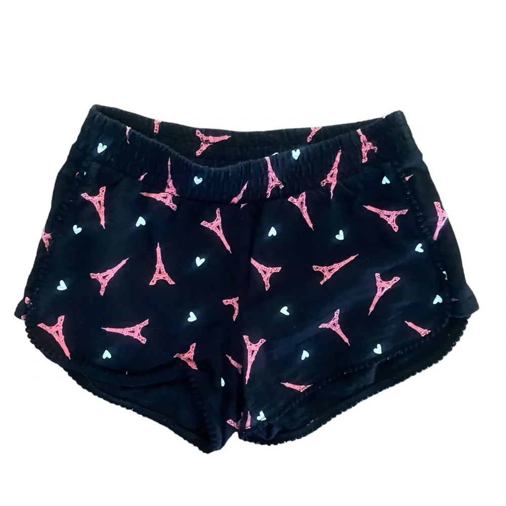 Justice Shorts Eiffel Tower Size 8 black pink Pom trim 100% cotton